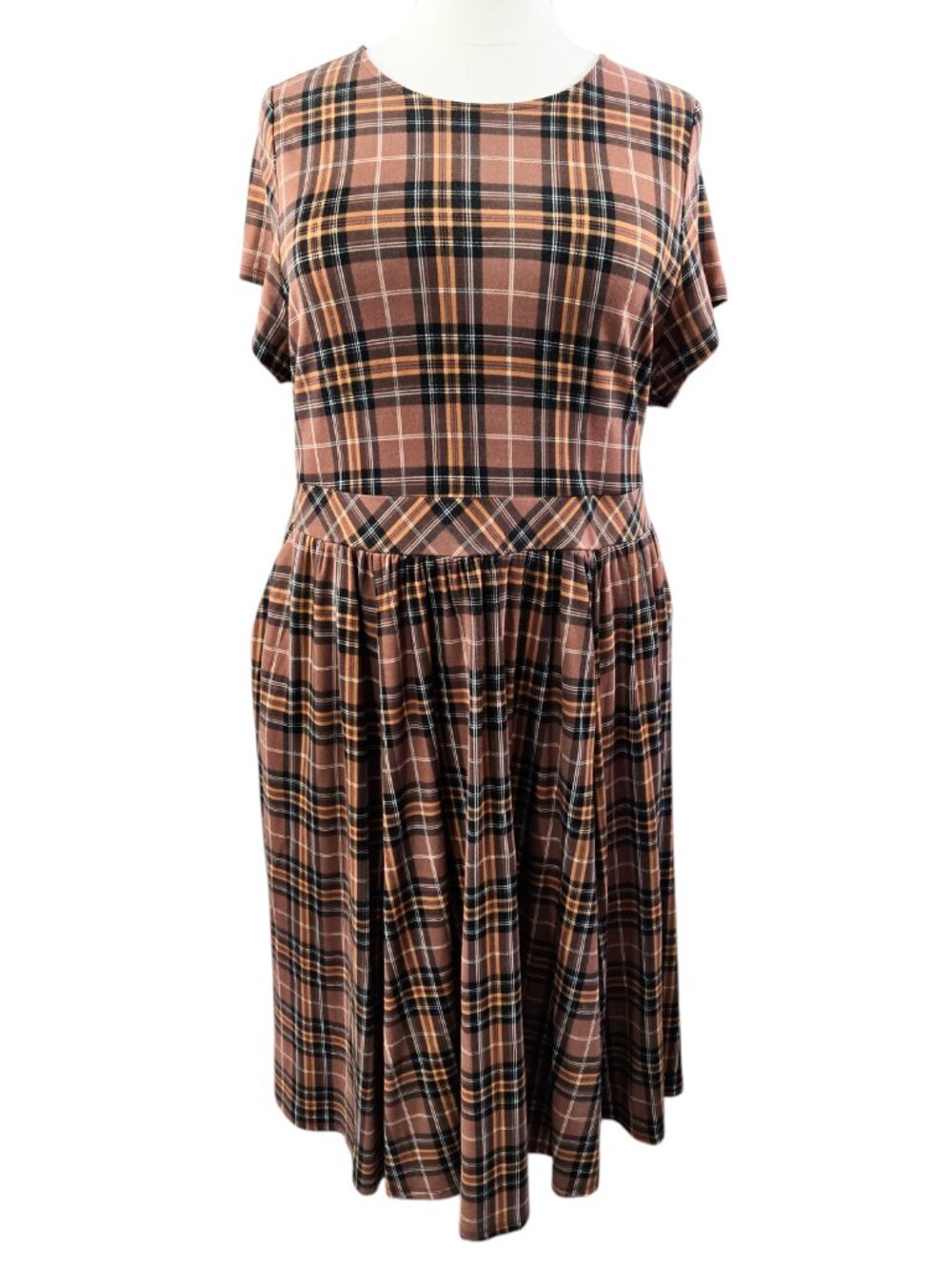 Torrid Midi Light Weight Studio Ponte Short Sleeve Dress Brown Plaid Stretch